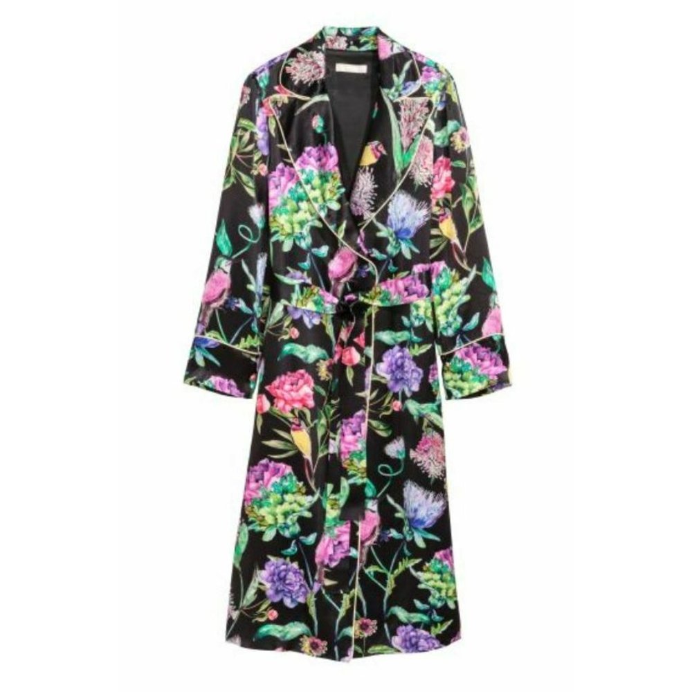 Rare Sold Out H&M Black Satin Coat Womens Small Long Floral ONLY 1 Pajama Robe